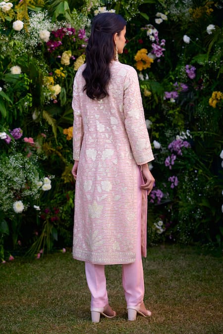 Shop_Shyam Narayan Prasad_Pink Silk, Chanderi Embroidery Round Neck Kurta Pant Set _at_Aza_Fashions