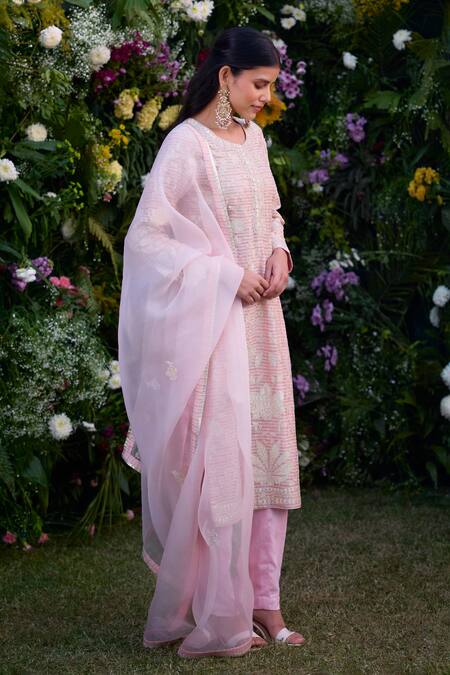 Shyam Narayan Prasad_Pink Silk, Chanderi Embroidery Round Neck Kurta Pant Set _Online_at_Aza_Fashions
