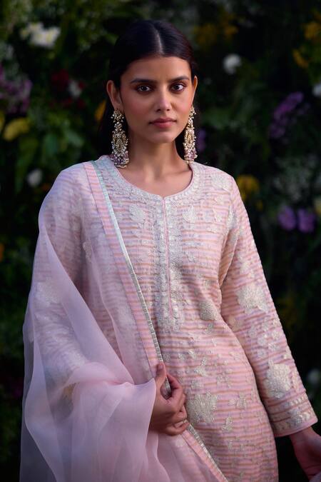 Buy_Shyam Narayan Prasad_Pink Silk, Chanderi Embroidery Round Neck Kurta Pant Set _Online_at_Aza_Fashions