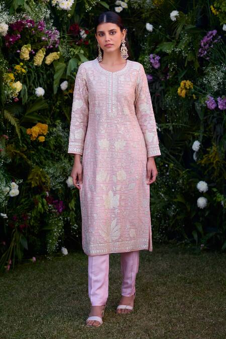 Shop_Shyam Narayan Prasad_Pink Silk, Chanderi Embroidery Round Neck Kurta Pant Set _Online_at_Aza_Fashions