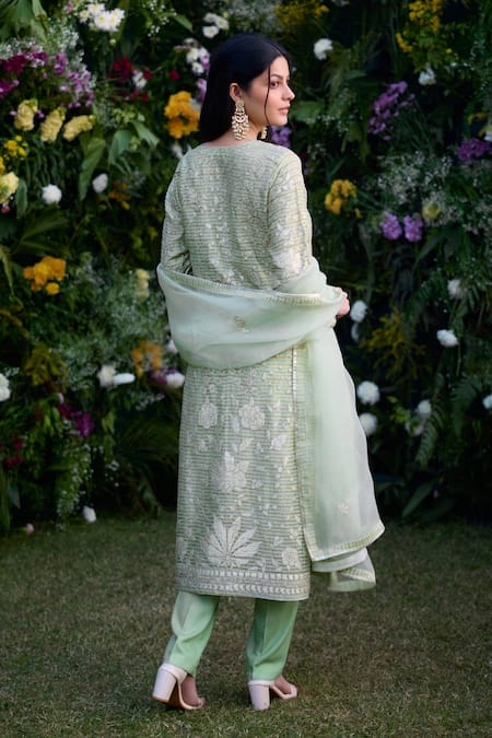 Shop_Shyam Narayan Prasad_Green Silk, Chanderi Embroidery Round Neck Floral Kurta Pant Set _at_Aza_Fashions