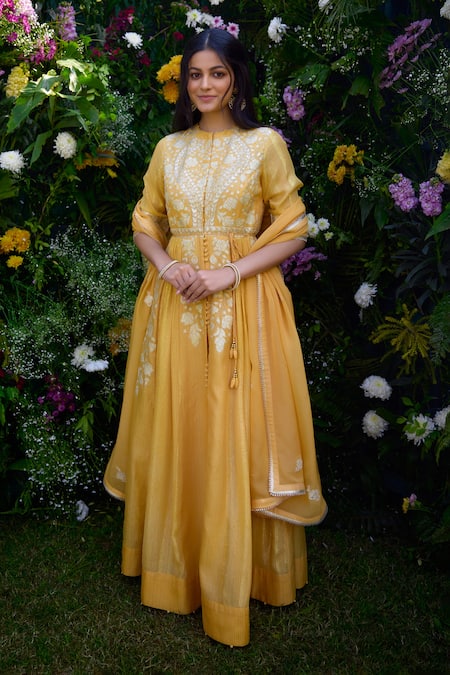 Shyam Narayan Prasad Yellow Anarkali Silk Chanderi Patchwork Embroidered Floral Pant Set 