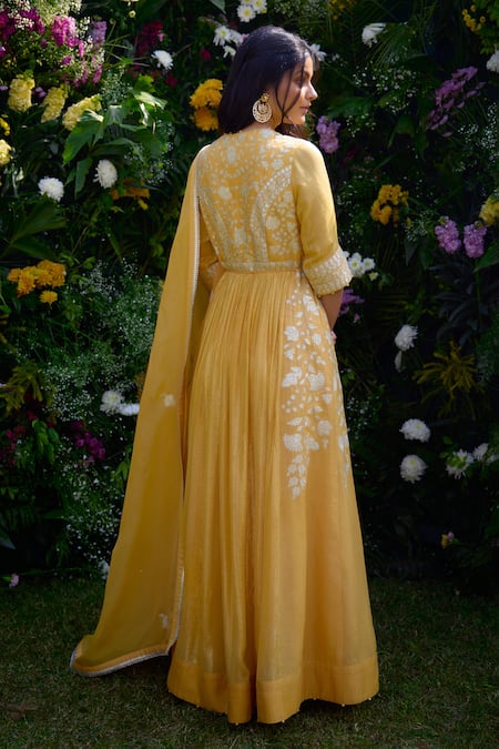 Shop Shyam Narayan Prasad Yellow Silk, Chanderi, Organza, Georgette Embroidery Floral Anarkali Pant Set at Aza Fashions Shop_Shyam Narayan Prasad_Yellow Silk, Chanderi, Organza, Georgette Embroidery Floral Anarkali Pant Set _at_Aza_Fashions