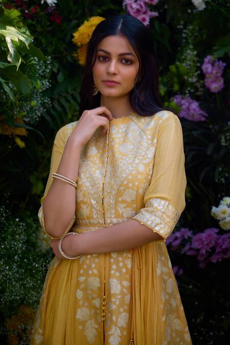 Shyam Narayan Prasad Yellow Silk, Chanderi, Organza, Georgette Embroidery Floral Anarkali Pant Set Online at Aza Fashions Shyam Narayan Prasad_Yellow Silk, Chanderi, Organza, Georgette Embroidery Floral Anarkali Pant Set _Online_at_Aza_Fashions
