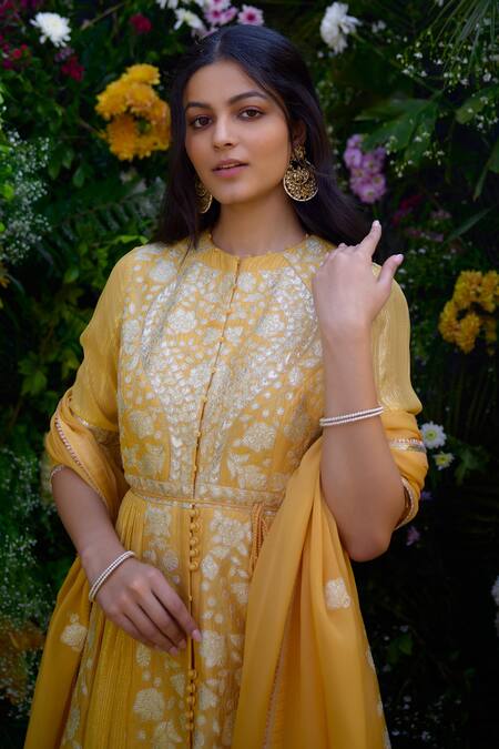 Buy Shyam Narayan Prasad Yellow Silk, Chanderi, Organza, Georgette Embroidery Floral Anarkali Pant Set Online at Aza Fashions Buy_Shyam Narayan Prasad_Yellow Silk, Chanderi, Organza, Georgette Embroidery Floral Anarkali Pant Set _Online_at_Aza_Fashions