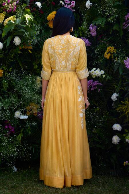 Shyam Narayan Prasad Yellow Silk, Chanderi, Organza, Georgette Embroidery Floral Anarkali Pant Set at Aza Fashions Shyam Narayan Prasad_Yellow Silk, Chanderi, Organza, Georgette Embroidery Floral Anarkali Pant Set _at_Aza_Fashions