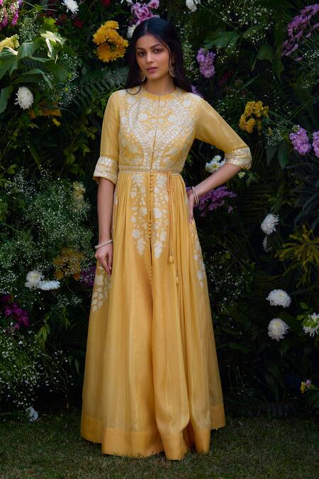 Buy Shyam Narayan Prasad Yellow Silk, Chanderi, Organza, Georgette Embroidery Floral Anarkali Pant Set Buy_Shyam Narayan Prasad_Yellow Silk, Chanderi, Organza, Georgette Embroidery Floral Anarkali Pant Set