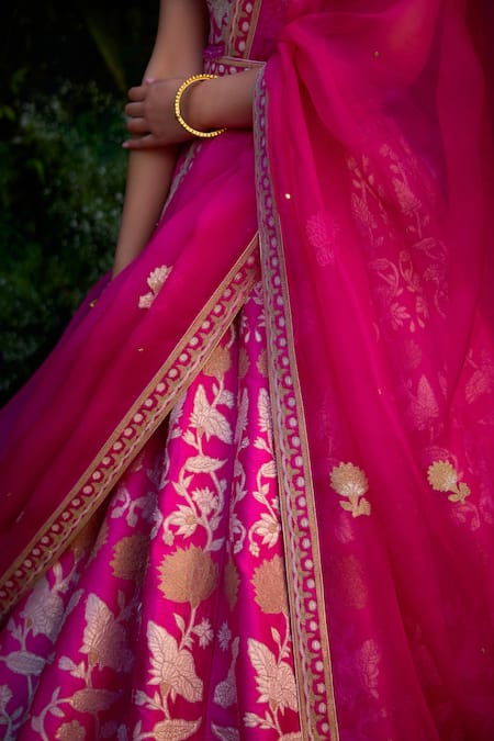 Shop Shyam Narayan Prasad Fuchsia Silk, Organza Embroidery Sweetheart Neck Blouse Lehenga Set Online at Aza Fashions Shop_Shyam Narayan Prasad_Fuchsia Silk, Organza Embroidery Sweetheart Neck Blouse Lehenga Set _Online_at_Aza_Fashions