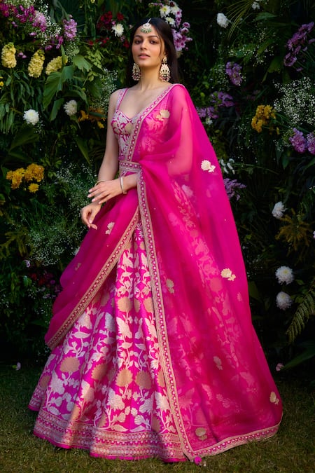 Shyam Narayan Prasad Fuchsia Silk, Organza Embroidery Sweetheart Neck Blouse Lehenga Set at Aza Fashions Shyam Narayan Prasad_Fuchsia Silk, Organza Embroidery Sweetheart Neck Blouse Lehenga Set _at_Aza_Fashions
