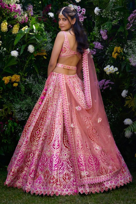 Shop_Shyam Narayan Prasad_Peach Silk Applique, Gota Patti, Embroidery Sweetheart Neck Blouse Lehenga Set _at_Aza_Fashions