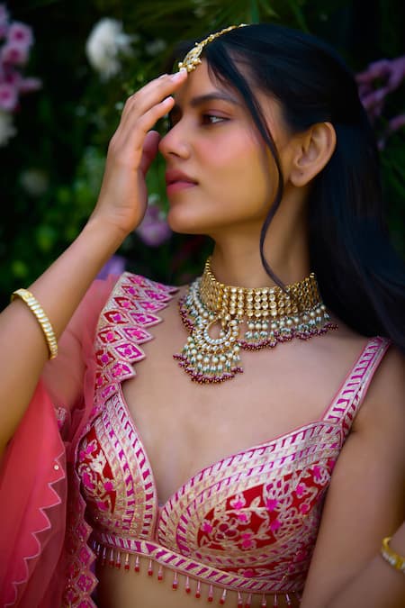 Buy_Shyam Narayan Prasad_Peach Silk Applique, Gota Patti, Embroidery Sweetheart Neck Blouse Lehenga Set _Online_at_Aza_Fashions