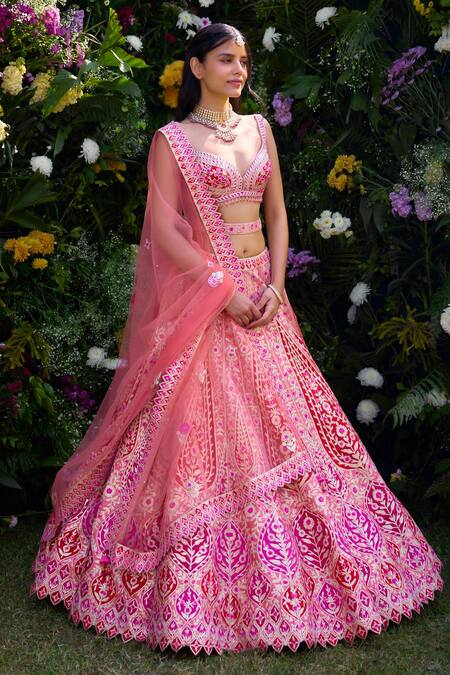 Shop_Shyam Narayan Prasad_Peach Silk Applique, Gota Patti, Embroidery Sweetheart Neck Blouse Lehenga Set _Online_at_Aza_Fashions