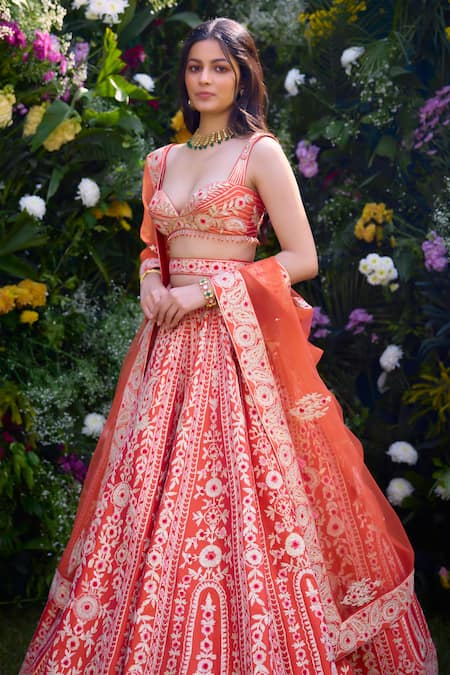 Buy_Shyam Narayan Prasad_Orange Silk, Chiffon, Net Tassels, Embroidery, Gota Thread Blouse Lehenga Set _Online_at_Aza_Fashions