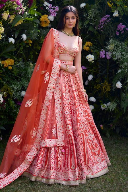 Buy_Shyam Narayan Prasad_Orange Silk, Chiffon, Net Tassels, Embroidery, Gota Thread Blouse Lehenga Set 