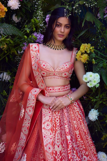 Shop_Shyam Narayan Prasad_Orange Silk, Chiffon, Net Tassels, Embroidery, Gota Thread Blouse Lehenga Set 