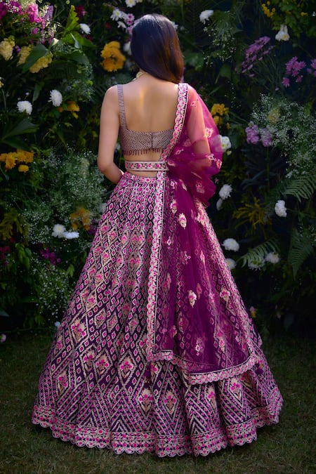 Shop_Shyam Narayan Prasad_Purple Silk Gota Patti, Embroidery Sweetheart Neck And Thread Blouse Lehenga Set _at_Aza_Fashions