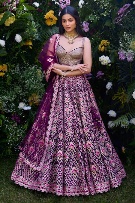 Shyam Narayan Prasad_Purple Silk Gota Patti, Embroidery Sweetheart Neck And Thread Blouse Lehenga Set _Online_at_Aza_Fashions