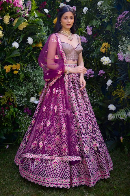 Shop_Shyam Narayan Prasad_Purple Silk Gota Patti, Embroidery Sweetheart Neck And Thread Blouse Lehenga Set _Online_at_Aza_Fashions