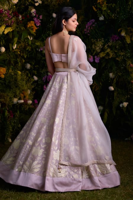 Shop Shyam Narayan Prasad Silver Silk Chanderi Patchwork Embroidered Floral And Thread Blouse Lehenga Set at Aza Fashions Shop_Shyam Narayan Prasad_Silver Silk Chanderi Patchwork Embroidered Floral And Thread Blouse Lehenga Set _at_Aza_Fashions