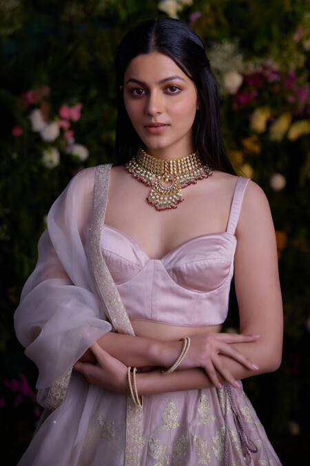 Shyam Narayan Prasad Silver Silk Chanderi Patchwork Embroidered Floral And Thread Blouse Lehenga Set at Aza Fashions Shyam Narayan Prasad_Silver Silk Chanderi Patchwork Embroidered Floral And Thread Blouse Lehenga Set _at_Aza_Fashions