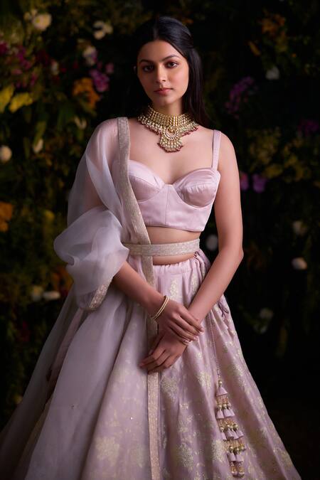 Buy Shyam Narayan Prasad Silver Silk Chanderi Patchwork Embroidered Floral And Thread Blouse Lehenga Set Buy_Shyam Narayan Prasad_Silver Silk Chanderi Patchwork Embroidered Floral And Thread Blouse Lehenga Set