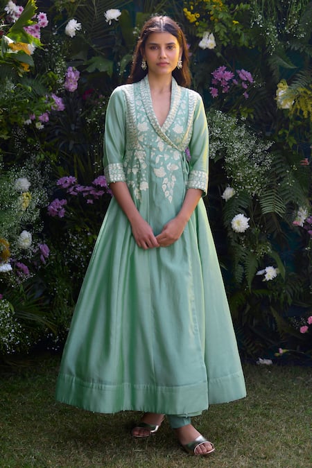 Shyam Narayan Prasad_Green Silk Chanderi Patchwork Embroidered Floral Shawl Lapel Angrakha And Pant Set _Online_at_Aza_Fashions
