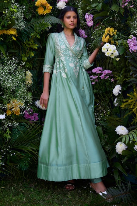 Shop_Shyam Narayan Prasad_Green Silk Chanderi Patchwork Embroidered Floral Shawl Lapel Angrakha And Pant Set _Online_at_Aza_Fashions