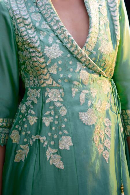 Shyam Narayan Prasad_Green Silk Chanderi Patchwork Embroidered Floral Shawl Lapel Angrakha And Pant Set _at_Aza_Fashions