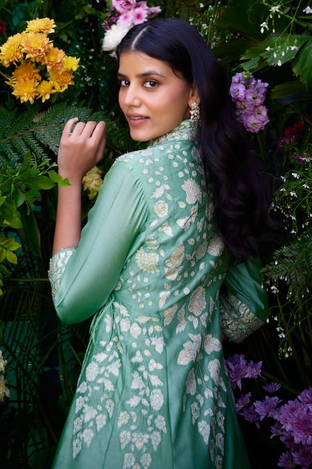 Buy_Shyam Narayan Prasad_Green Silk Chanderi Patchwork Embroidered Floral Shawl Lapel Angrakha And Pant Set 