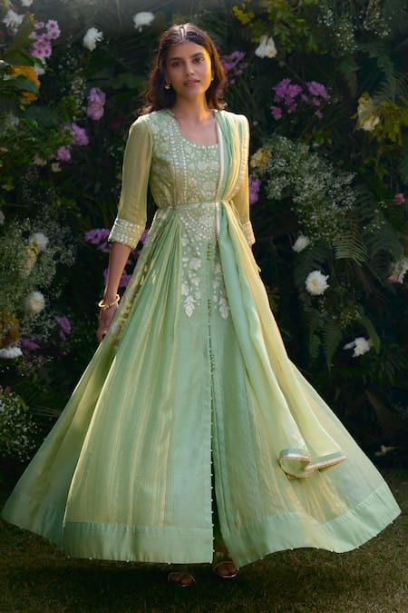 Shyam Narayan Prasad_Green Anarkali And Dupatta Chanderi Brocade Patchwork Embroidered Floral Pant Set _Online_at_Aza_Fashions