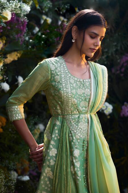 Buy_Shyam Narayan Prasad_Green Anarkali And Dupatta Chanderi Brocade Patchwork Embroidered Floral Pant Set _Online_at_Aza_Fashions