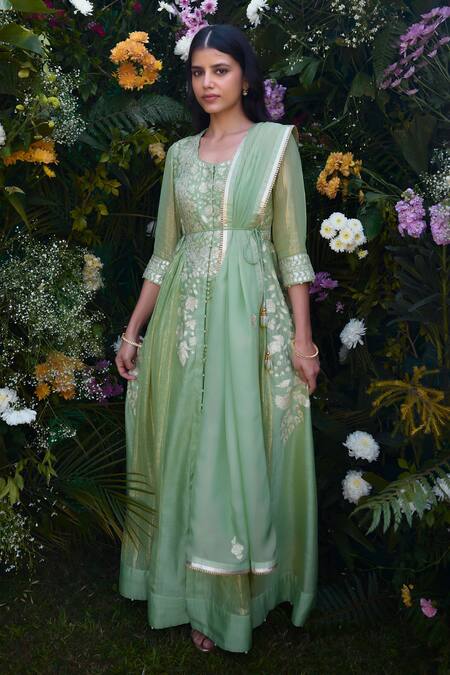 Shop_Shyam Narayan Prasad_Green Anarkali And Dupatta Chanderi Brocade Patchwork Embroidered Floral Pant Set _Online_at_Aza_Fashions