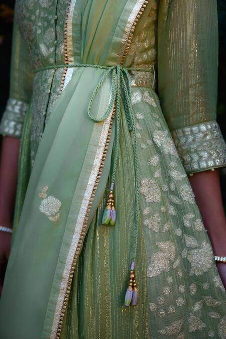 Shyam Narayan Prasad_Green Anarkali And Dupatta Chanderi Brocade Patchwork Embroidered Floral Pant Set _at_Aza_Fashions