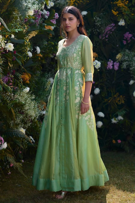 Buy_Shyam Narayan Prasad_Green Anarkali And Dupatta Chanderi Brocade Patchwork Embroidered Floral Pant Set 