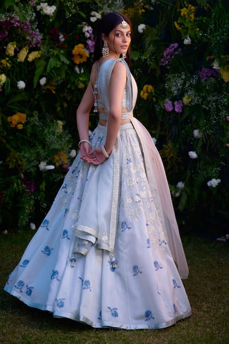Shop_Shyam Narayan Prasad_Blue Silk, Satin, Chanderi Embroidery Thread And Floral Blouse Lehenga Set _at_Aza_Fashions
