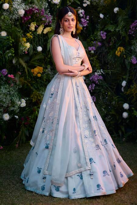 Buy_Shyam Narayan Prasad_Blue Silk, Satin, Chanderi Embroidery Thread And Floral Blouse Lehenga Set _Online_at_Aza_Fashions