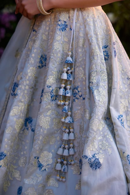 Shop_Shyam Narayan Prasad_Blue Silk, Satin, Chanderi Embroidery Thread And Floral Blouse Lehenga Set _Online_at_Aza_Fashions