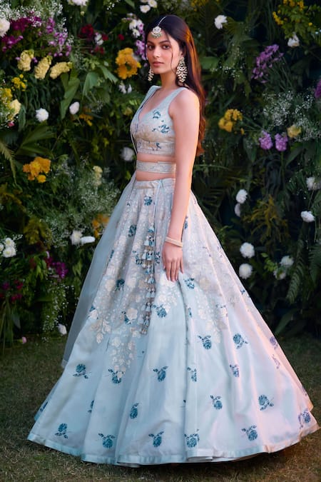 Shyam Narayan Prasad_Blue Silk, Satin, Chanderi Embroidery Thread And Floral Blouse Lehenga Set _at_Aza_Fashions