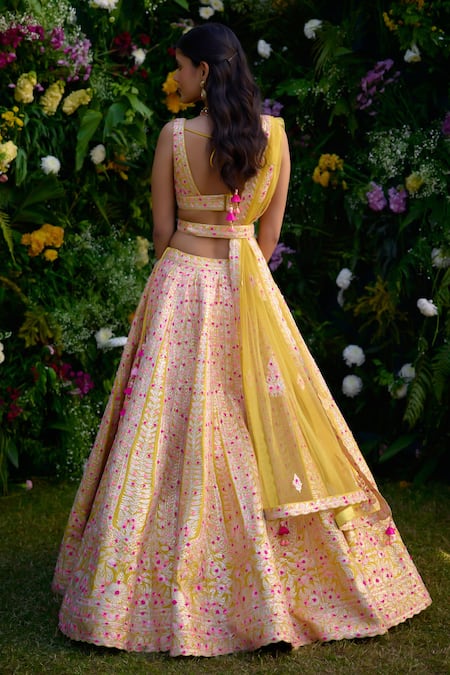 Shop Shyam Narayan Prasad Yellow Silk Gota Patti, Embroidery, Tassels Sweetheart Neck Lehenga Set at Aza Fashions Shop_Shyam Narayan Prasad_Yellow Silk Gota Patti, Embroidery, Tassels Sweetheart Neck Lehenga Set _at_Aza_Fashions