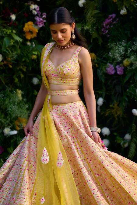 Buy Shyam Narayan Prasad Yellow Silk Gota Patti, Embroidery, Tassels Sweetheart Neck Lehenga Set Online at Aza Fashions Buy_Shyam Narayan Prasad_Yellow Silk Gota Patti, Embroidery, Tassels Sweetheart Neck Lehenga Set _Online_at_Aza_Fashions