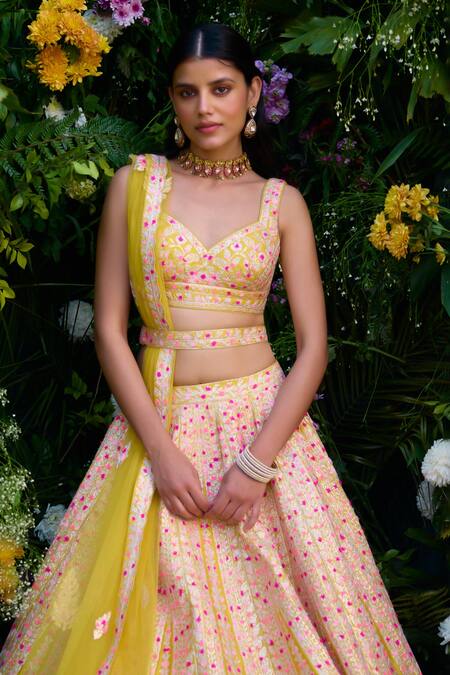 Shop Shyam Narayan Prasad Yellow Silk Gota Patti, Embroidery, Tassels Sweetheart Neck Lehenga Set Online at Aza Fashions Shop_Shyam Narayan Prasad_Yellow Silk Gota Patti, Embroidery, Tassels Sweetheart Neck Lehenga Set _Online_at_Aza_Fashions