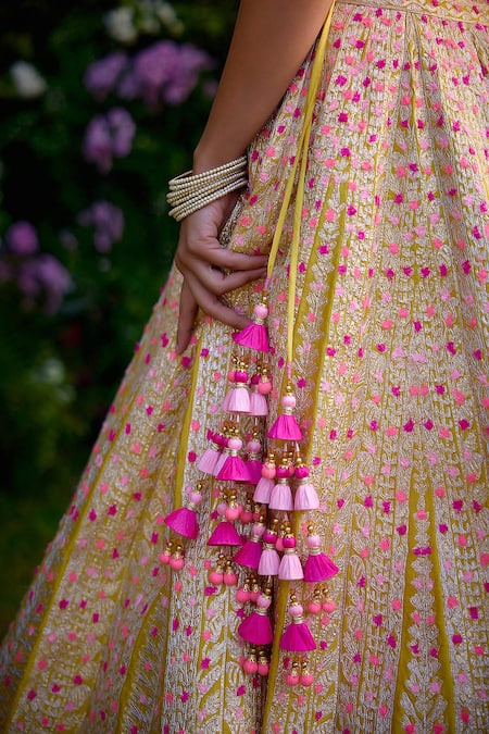 Buy Shyam Narayan Prasad Yellow Silk Gota Patti, Embroidery, Tassels Sweetheart Neck Lehenga Set Buy_Shyam Narayan Prasad_Yellow Silk Gota Patti, Embroidery, Tassels Sweetheart Neck Lehenga Set