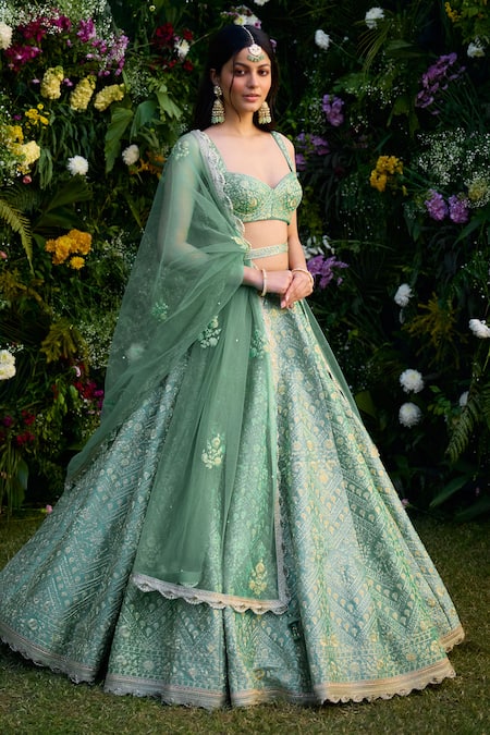 Buy_Shyam Narayan Prasad_Green Raw Silk Embroidered Zari Sweetheart Lehenga Set With Belt _Online_at_Aza_Fashions
