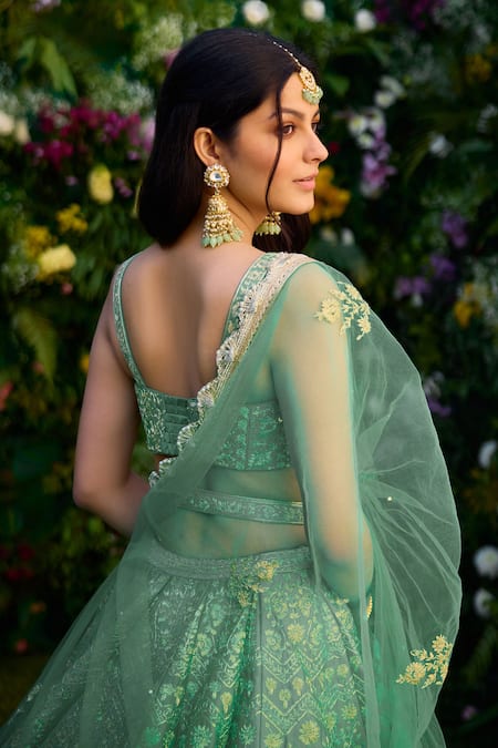 Shop_Shyam Narayan Prasad_Green Raw Silk Embroidered Zari Sweetheart Lehenga Set With Belt _Online_at_Aza_Fashions