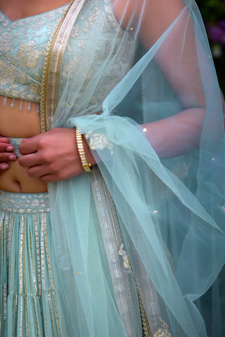 Shyam Narayan Prasad_Blue Lehenga And Blouse Satin Patchwork Embroidered Floral Leaf Neck Brocade Set _Online_at_Aza_Fashions