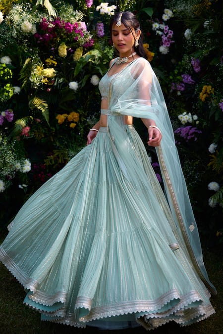 Shop_Shyam Narayan Prasad_Blue Lehenga And Blouse Satin Patchwork Embroidered Floral Leaf Neck Brocade Set _Online_at_Aza_Fashions