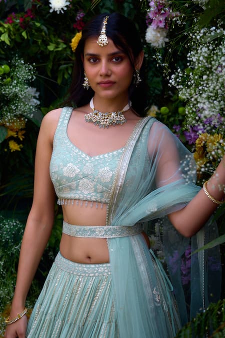 Shyam Narayan Prasad_Blue Lehenga And Blouse Satin Patchwork Embroidered Floral Leaf Neck Brocade Set _at_Aza_Fashions