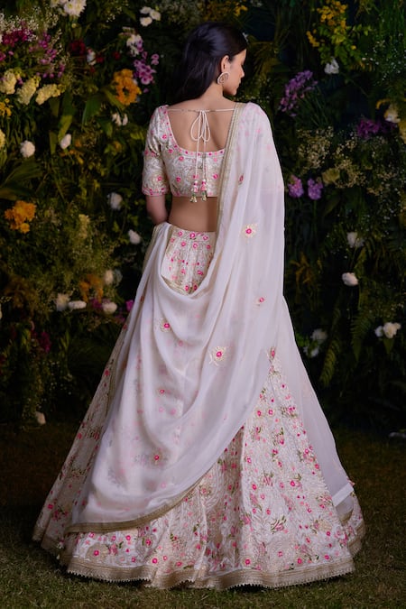 Shop_Shyam Narayan Prasad_Ivory Modal, Satin, Organza Embroidery, Gota Floral Block Print Lehenga Set _at_Aza_Fashions