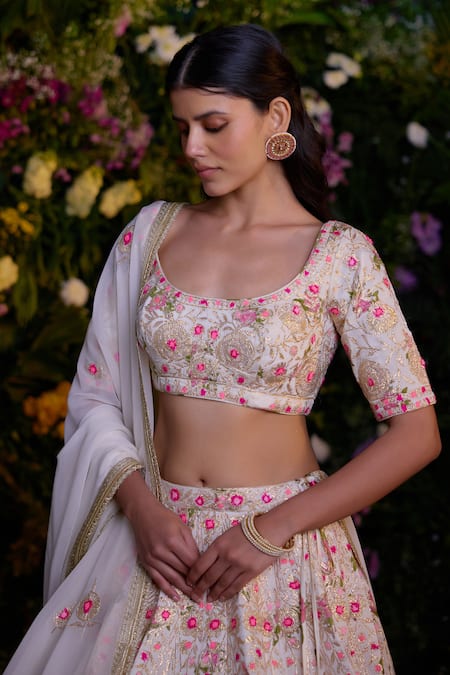 Shyam Narayan Prasad_Ivory Modal, Satin, Organza Embroidery, Gota Floral Block Print Lehenga Set _Online_at_Aza_Fashions
