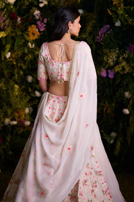 Buy_Shyam Narayan Prasad_Ivory Modal, Satin, Organza Embroidery, Gota Floral Block Print Lehenga Set _Online_at_Aza_Fashions